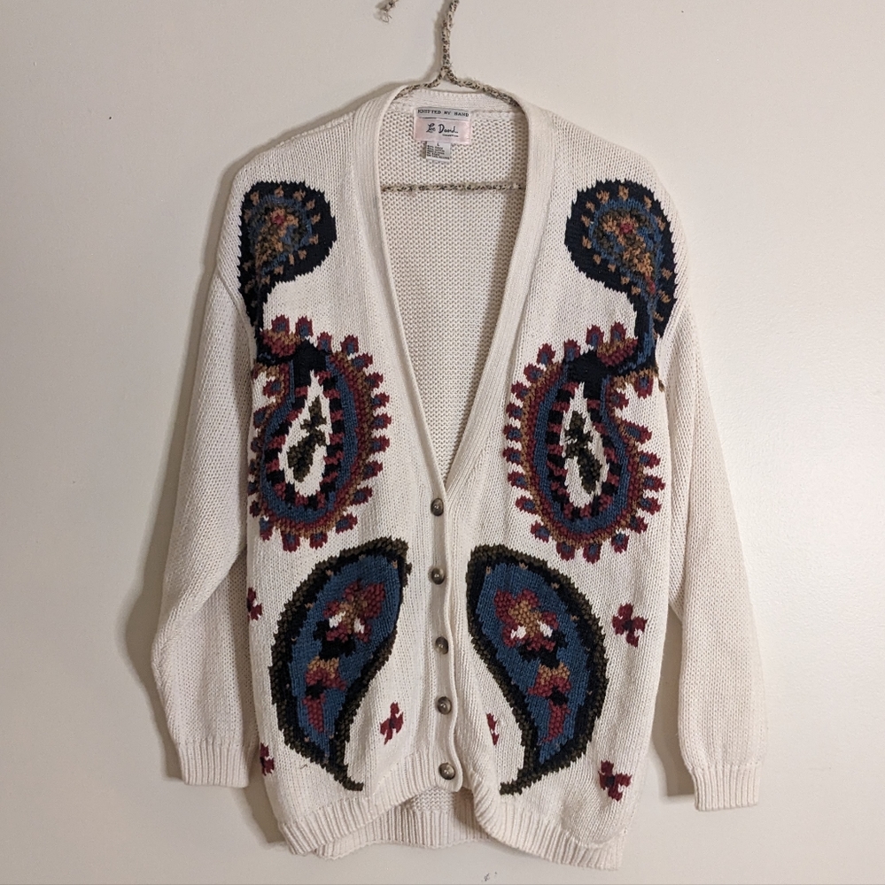 Vintage Earthtone Paisley Cozy Cardigan by Lee David Knitted by Hand sz L